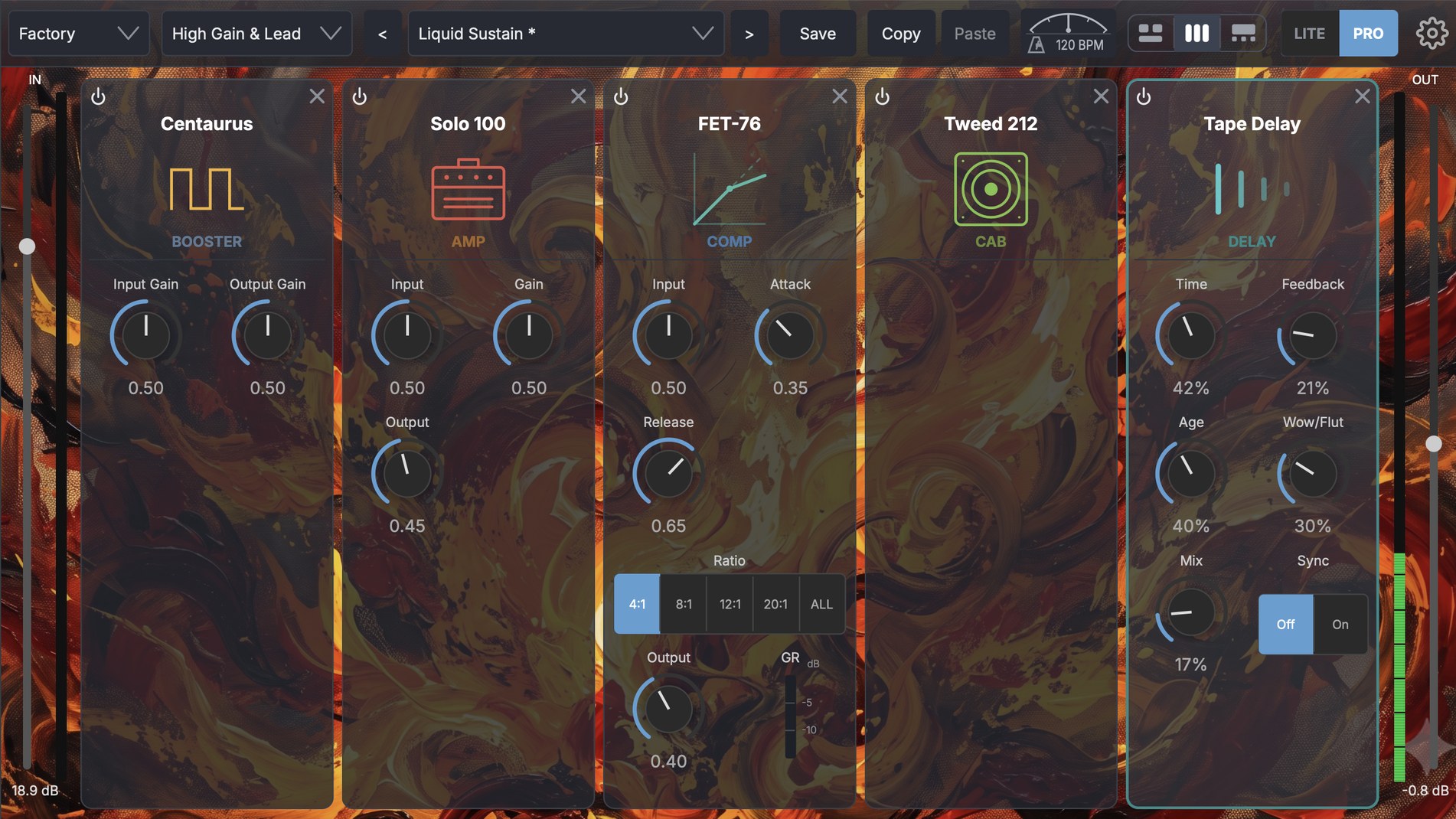 Twin-GTR Rack view — every knob of every slot in one view