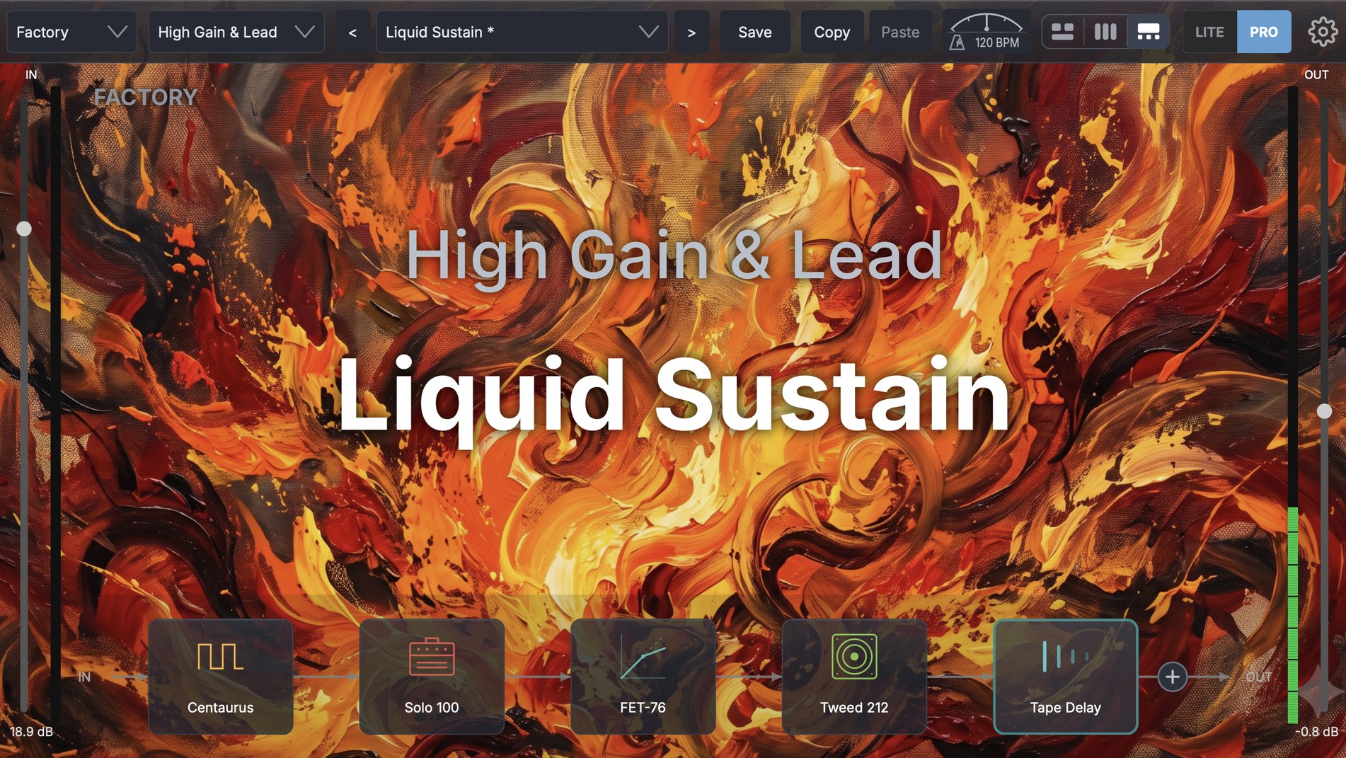 Twin-GTR Stage view — the active preset name displayed large for live use