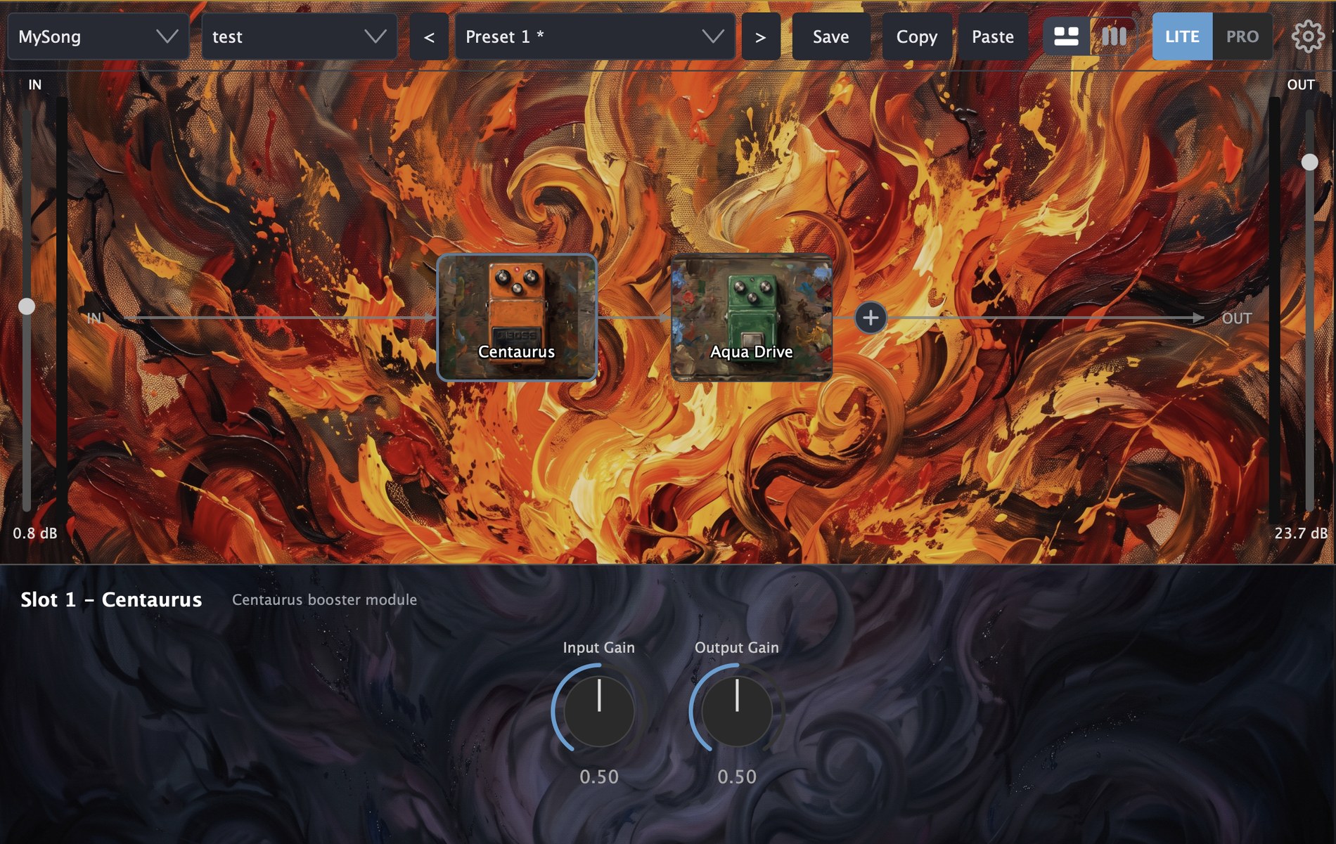 Twin-GTR — custom background artwork and per-gear pedal images applied as a skin
